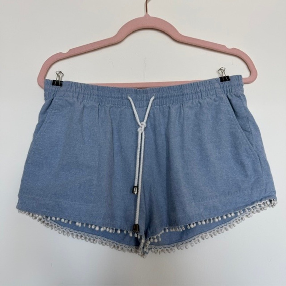 Rebecca Minkoff Chambray Drawstring Shorts with Pom Trim | Denim Shorts | S/M - Picture 8 of 8